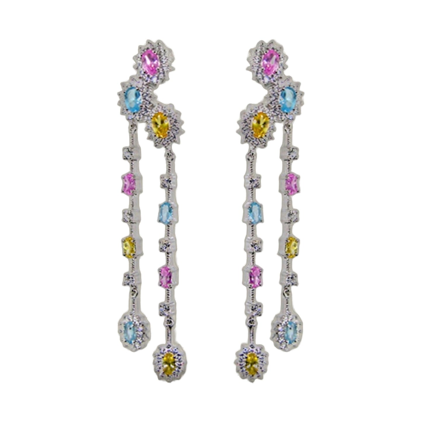 Long Bridal Earrings by Lauren G Adams, silver with pink blue yellow gems and crystal halos on Tampa Home & Garden Store