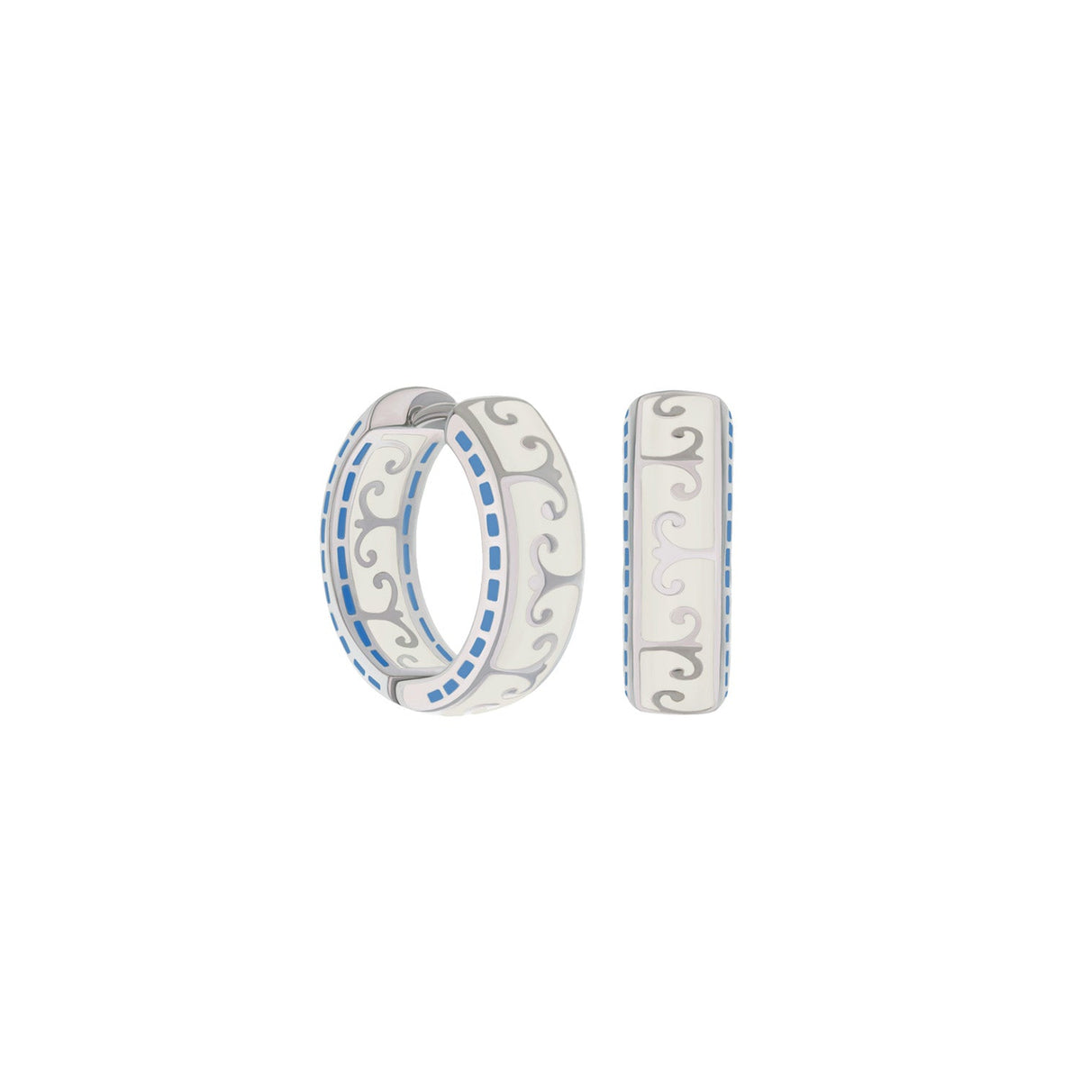 Renaissance Earrings by Lauren G Adams, white enamel hoops with scroll motifs and blue trim on Tampa Home & Garden Store