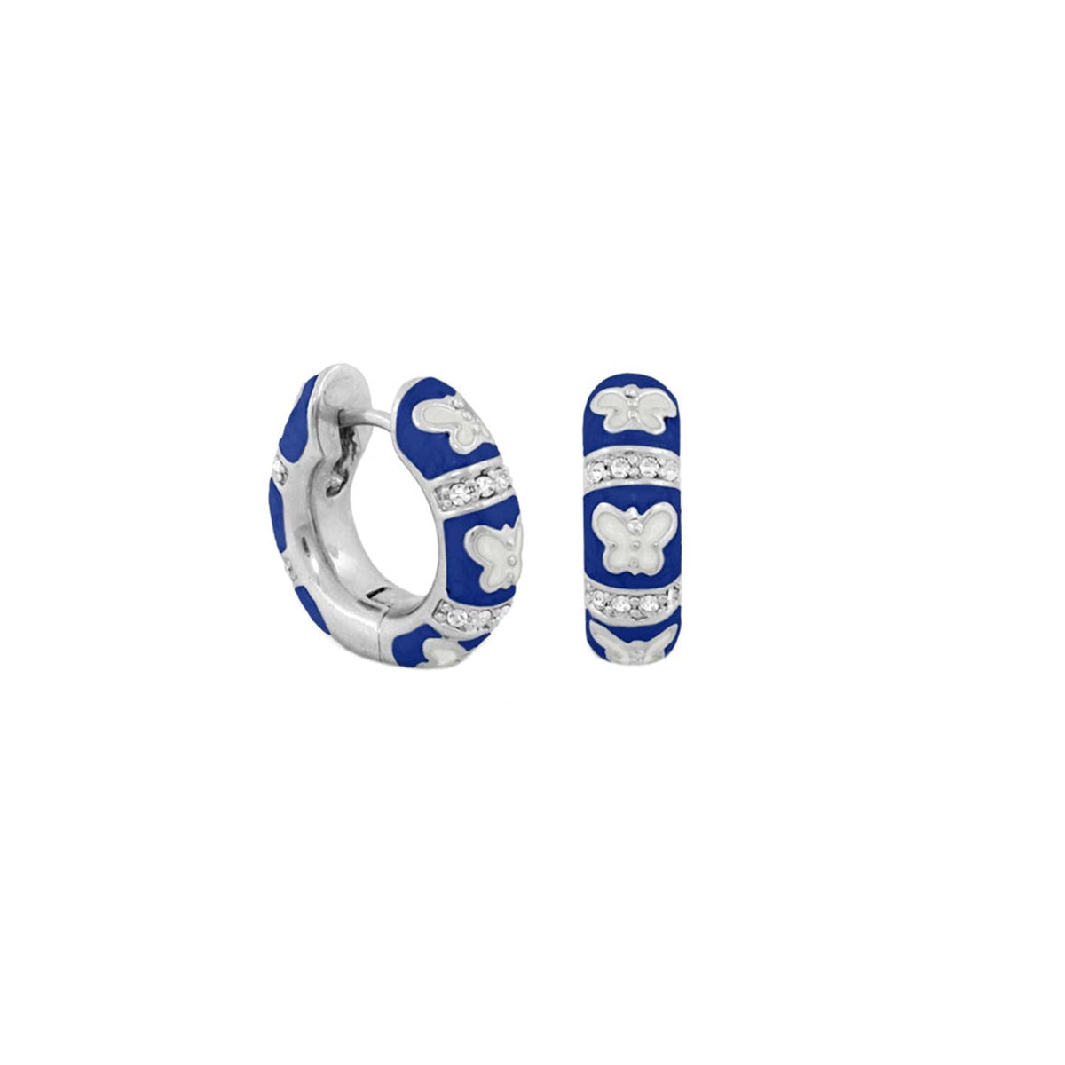 Butterfly World Earrings by Lauren G Adams, blue enamel 2-piece hoops and bar with crystal pavé on Tampa Home & Garden Store