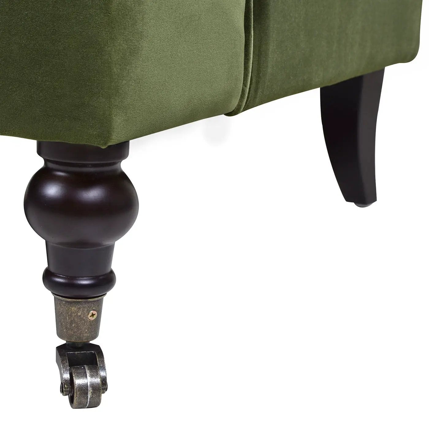 Alana Lawson Three Cushion Tightback Sofa olive green fabric with dark turned leg on Tampa Home & Garden Store