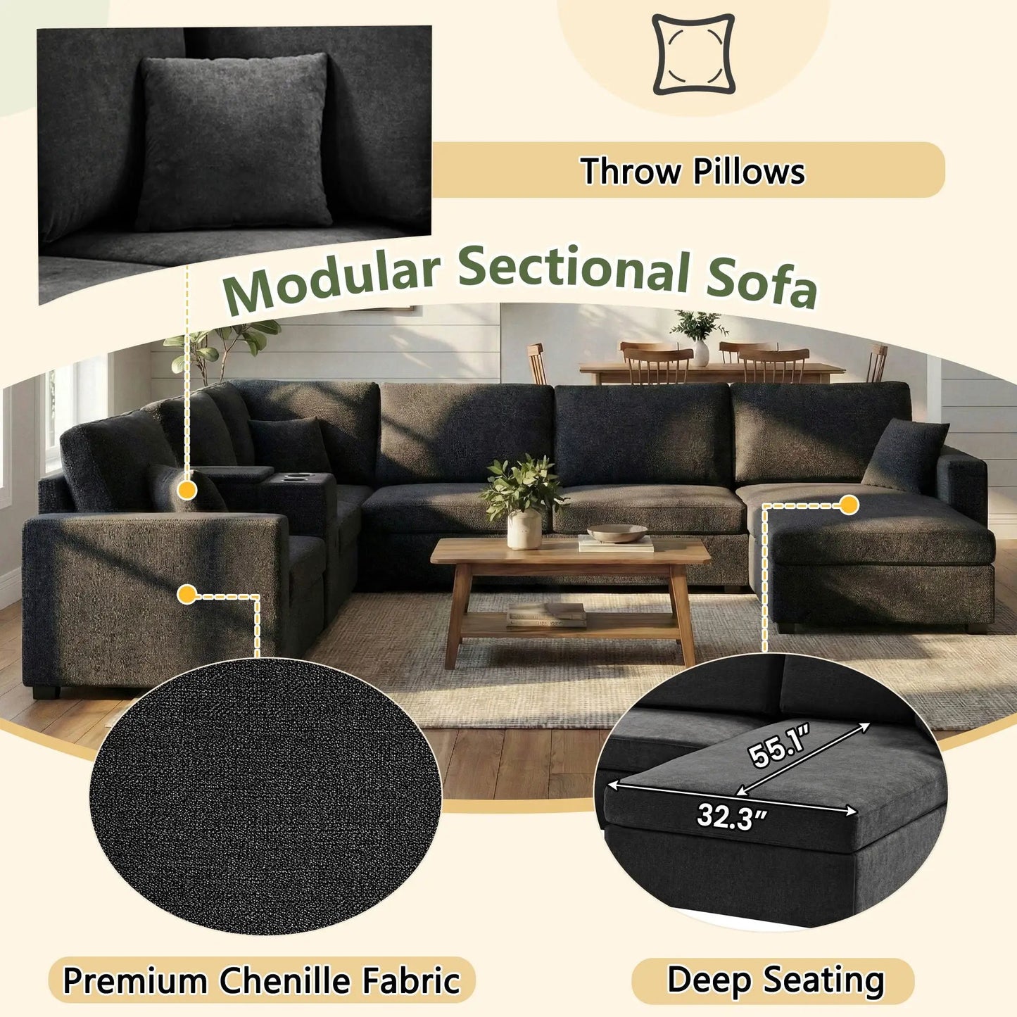 Modular 5-seat U-shaped sectional sofa with chaise in chenille fabric; seating and cup holders on Tampa Home & Garden Store