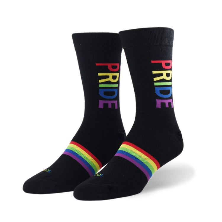 Pride Rainbow Crew Socks Be You Be Odd pair of black crew socks with rainbow PRIDE letters on Tampa Home & Garden Store