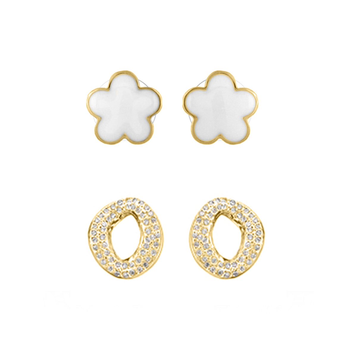 Enamel Flower Earrings Set: 2 white enamel studs with gold trim and 2 gold-tone rhinestone hoops on Tampa Home & Garden Store