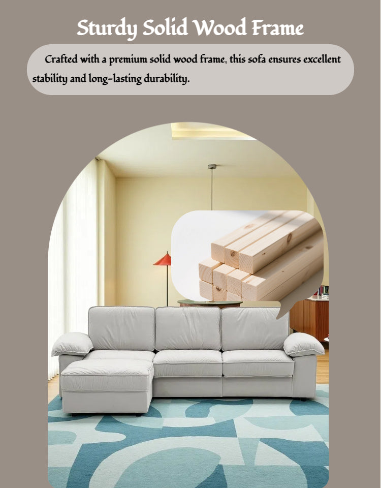 Modern L-shaped sectional sofa with ottoman in light gray leather upholstery 105.5 inch length on Tampa Home & Garden Store