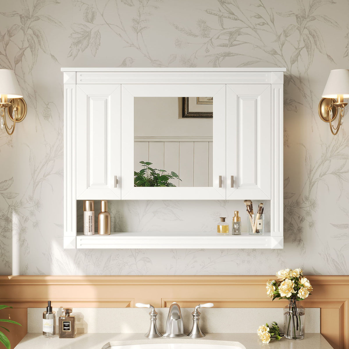 White wall-mounted bathroom cabinet with mirror and open shelf on Tampa Home & Garden Store