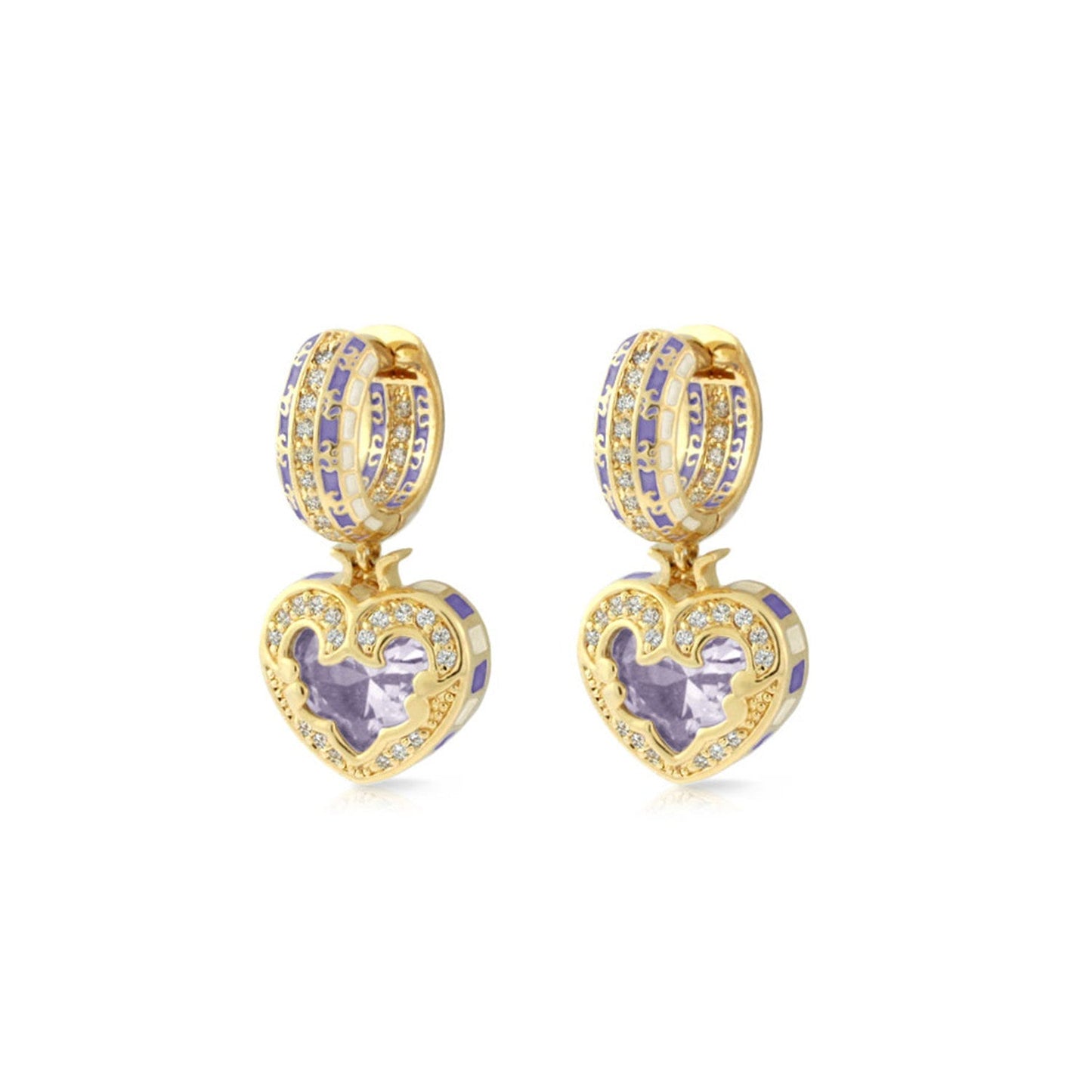 Renaissance Heart Earrings by Lauren G Adams, gold hoops with purple enamel and diamonds on Tampa Home & Garden Store