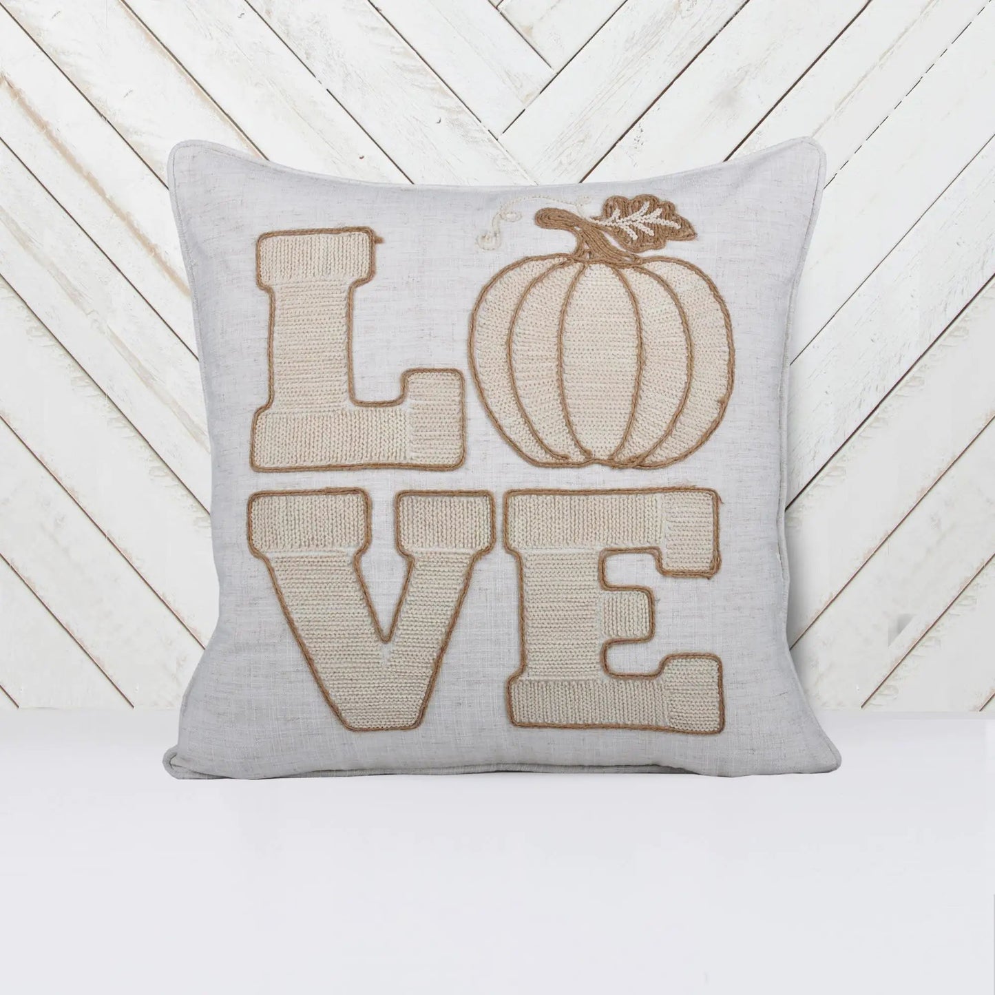 Love Pumpkin Embroidered Throw Pillow natural linen beige pumpkin motif Unique Piece Furniture on Tampa Home & Garden Store