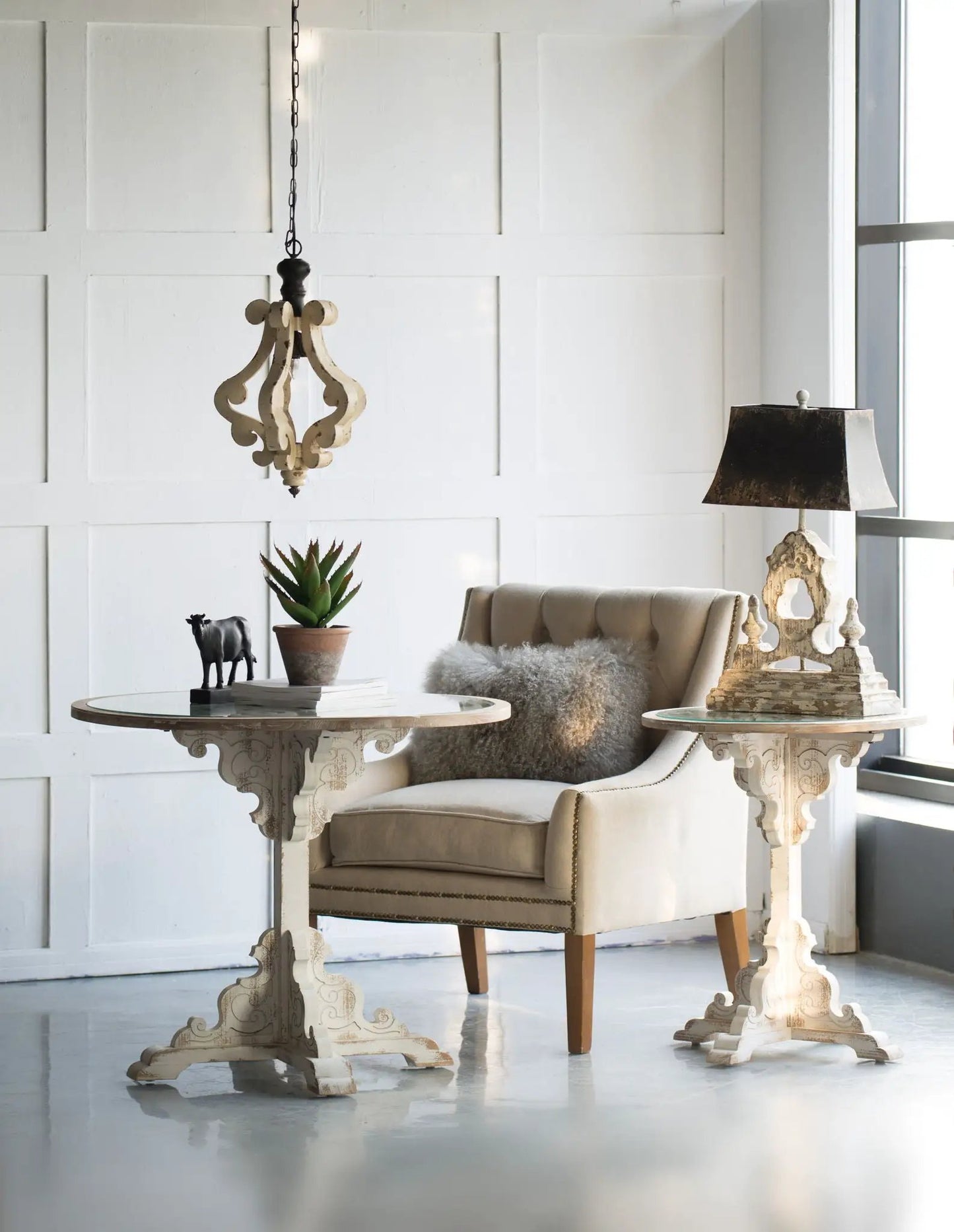 Farmhouse Wood Pendant Chandelier Antique Cream