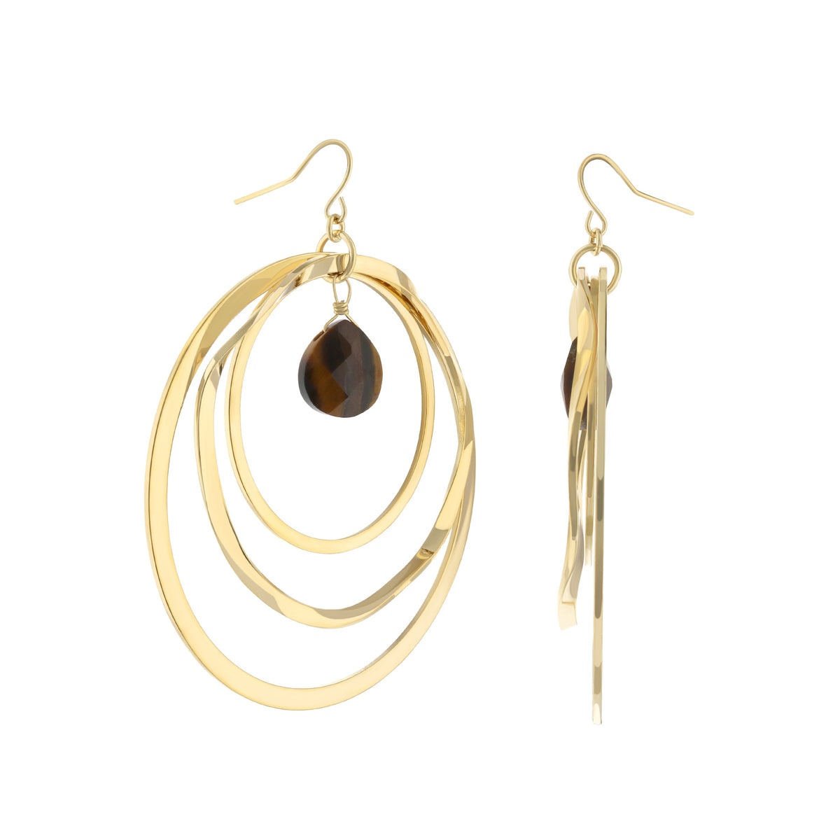 Gold fish hook earrings pair with layered hoops and brown teardrop gemstone by Lauren G Adams on Tampa Home & Garden Store