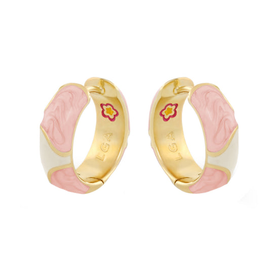 Earth Wind and Pave Earrings gold-tone hoops with pink swirl enamel Lauren G Adams stamp inside on Tampa Home & Garden Store