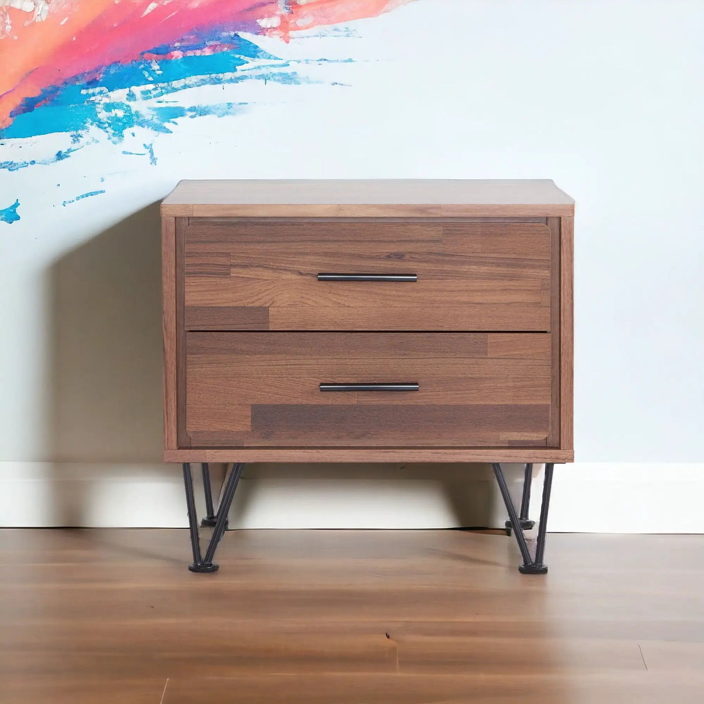 Deoss Walnut Accent Table with 3 drawers and hairpin legs on Tampa Home & Garden Store