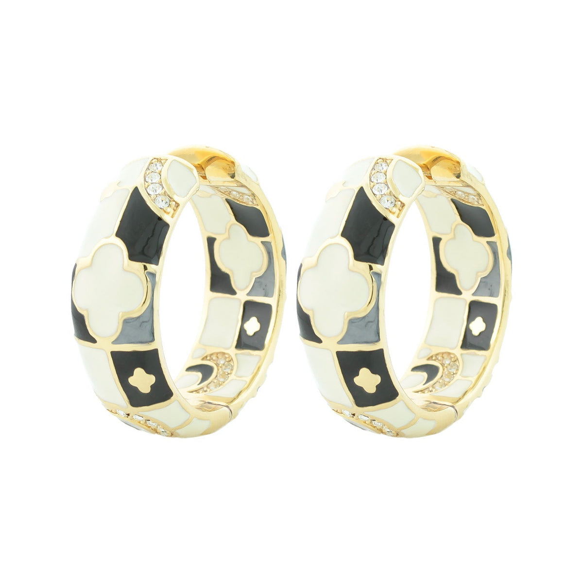 Fun Clover Enamel Hoop Earrings Lauren G Adams, white/black clover pattern with gold trim on Tampa Home & Garden Store