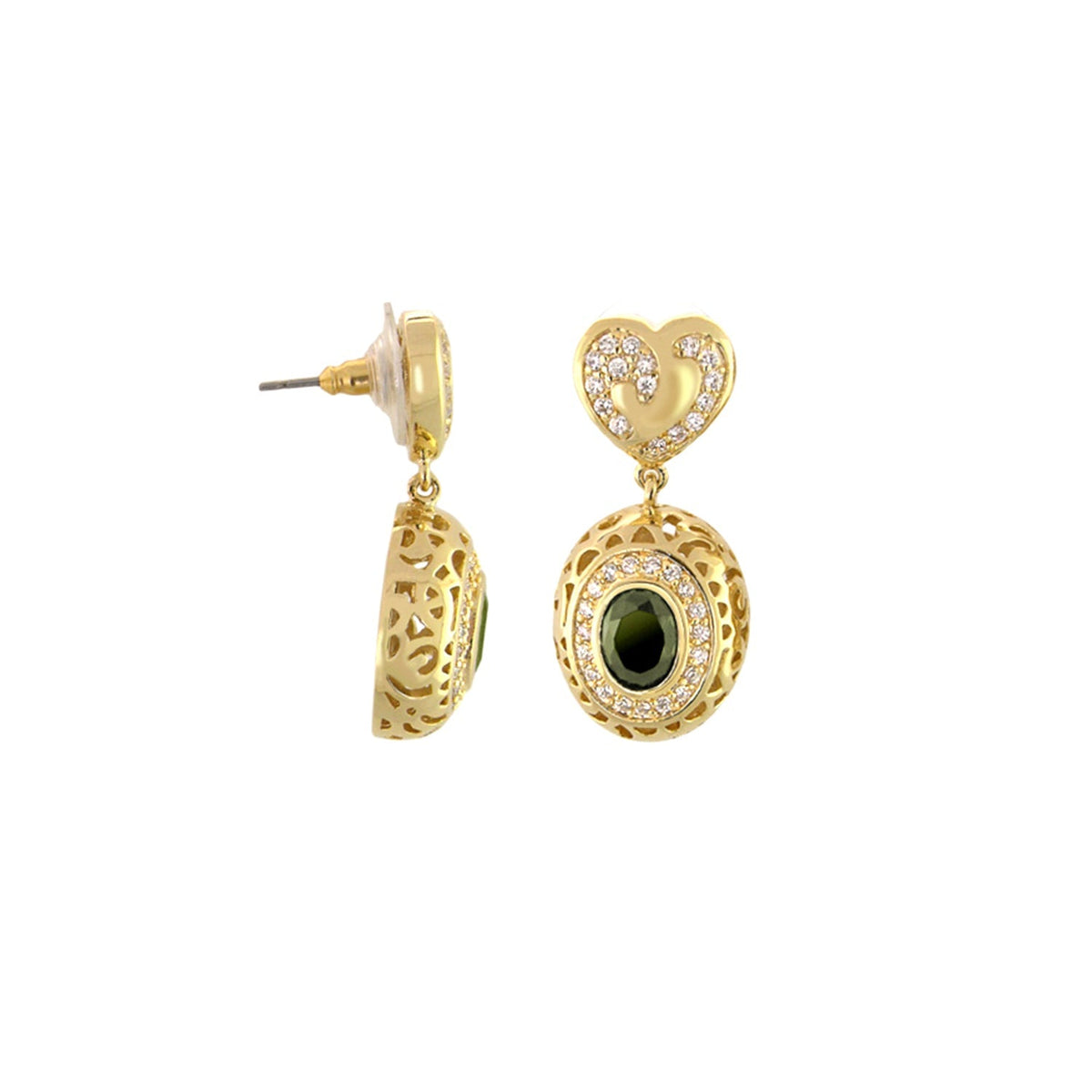 Hidden Hearts Earrings vintage gold with crystal heart top and green gem by Lauren G Adams on Tampa Home & Garden Store