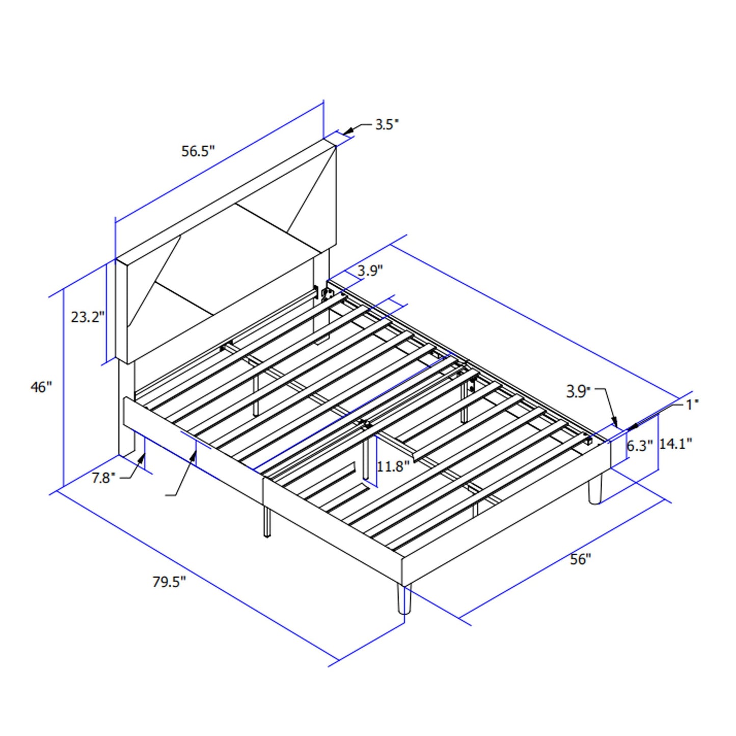 Full Size Gray Upholstered Bed Frame and Slats
