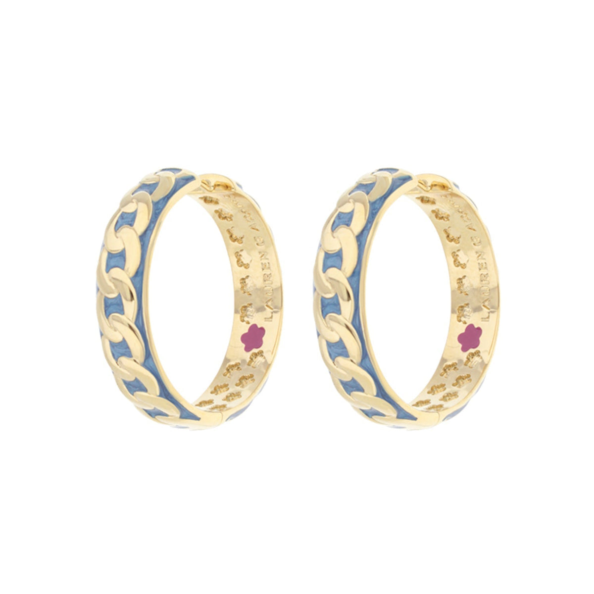 Laguna Links Earrings, gold hoops with blue enamel links by Lauren G Adams, pair on Tampa Home and Garden Store