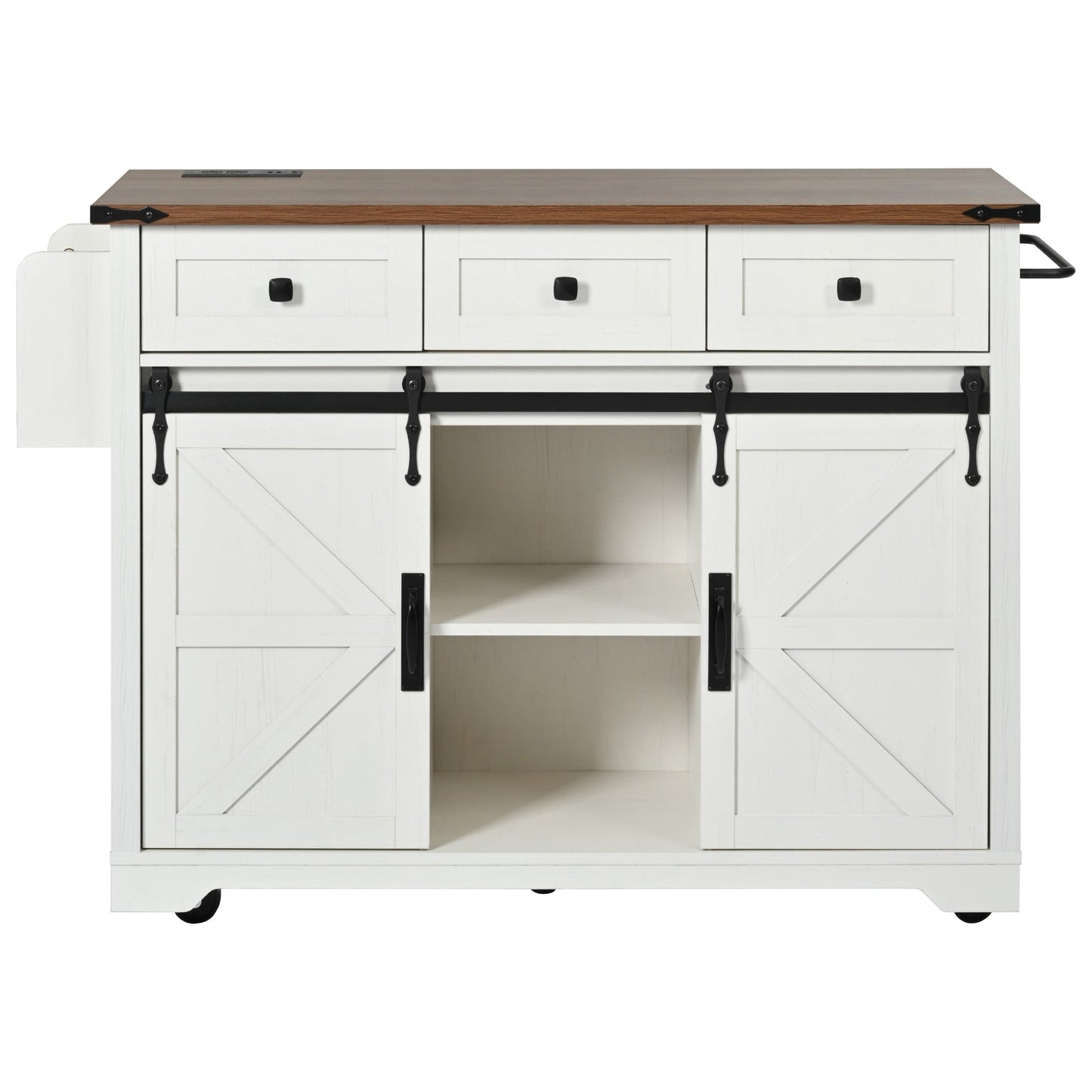 K&K 53.7in farmhouse kitchen island with power outlet, white base, wood top, 3 drawers on Tampa Home & Garden Store