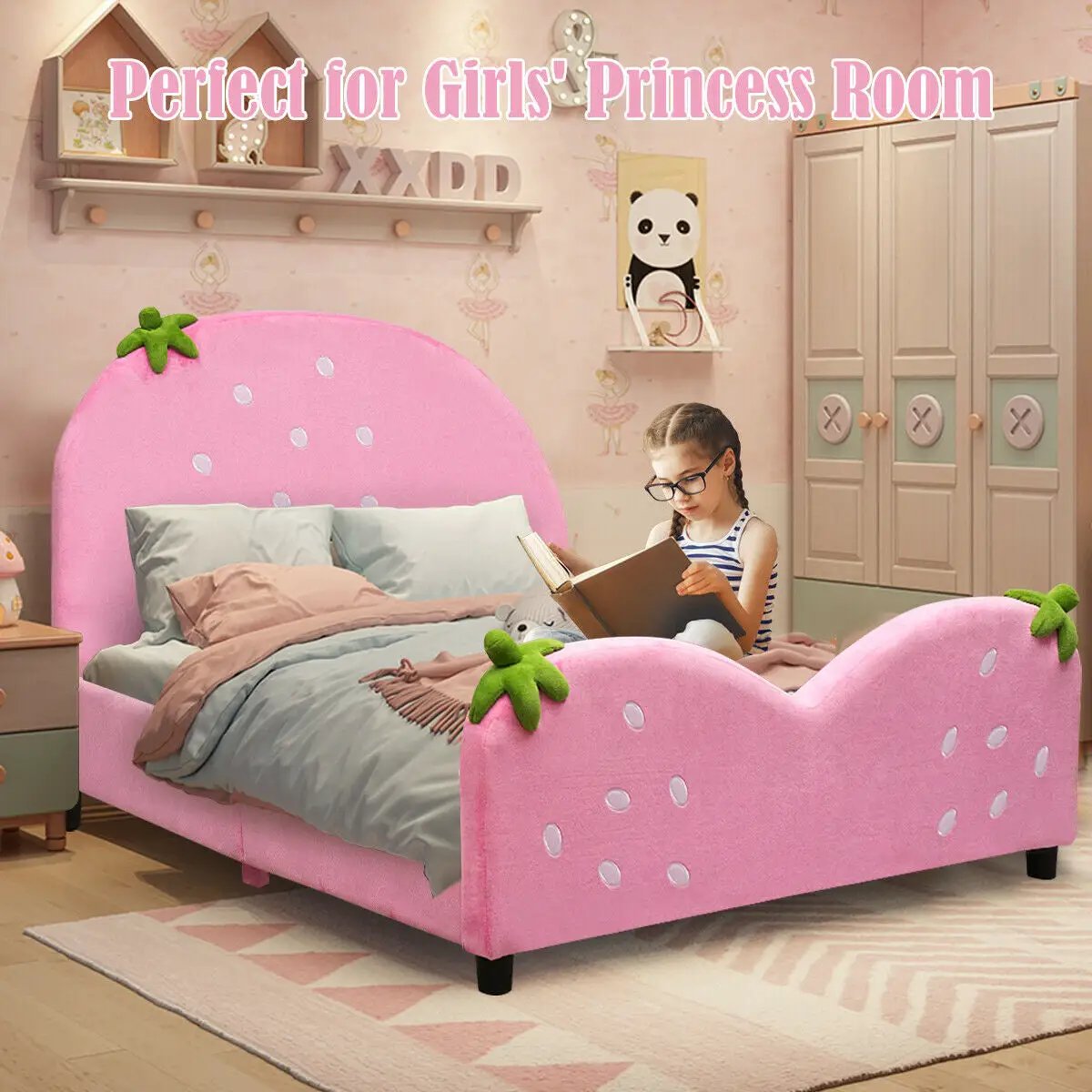 Kids Upholstered Berry Pattern Toddler Bed pink strawberry frame with green leaves on Tampa Home & Garden Store