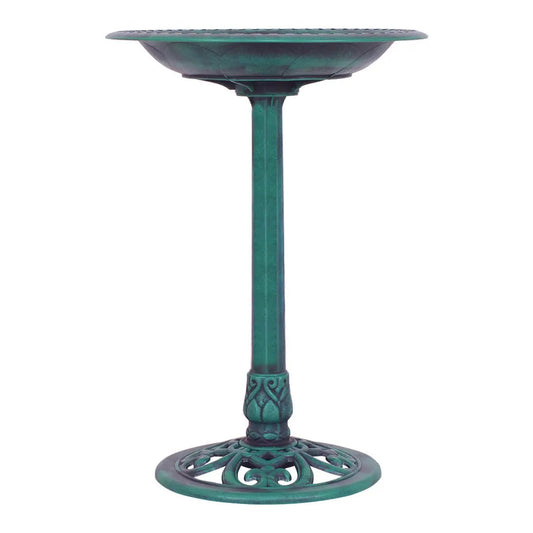 Outdoor garden green pedestal bird bath with ornate base and wide top bowl on Tampa Home & Garden Store