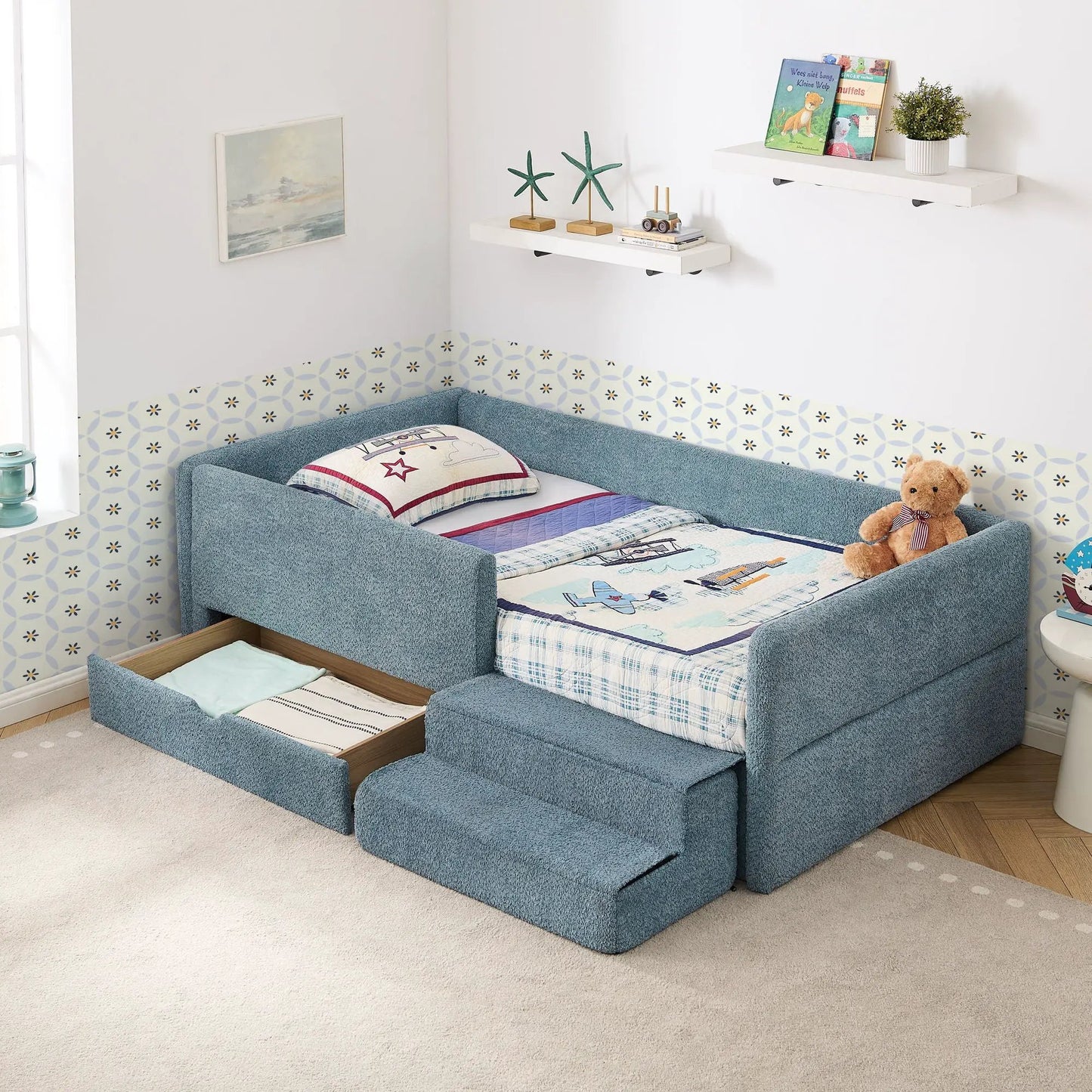 Safe Kids Bed With Guardrails And Storage blue fabric storage bed with under-bed drawers on Tampa Home & Garden Store