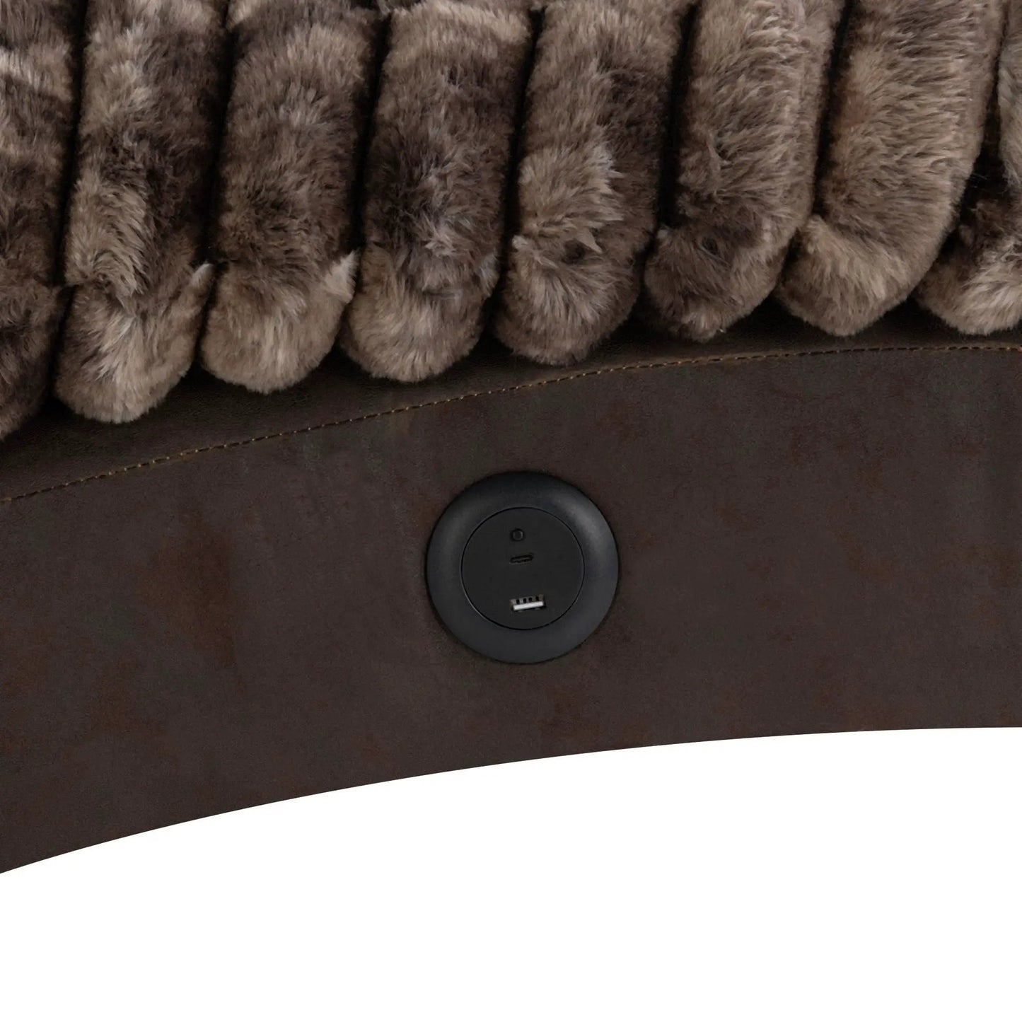 Denise Accent Chaise with USB charging port, brown leather base and faux fur trim on Tampa Home & Garden Store