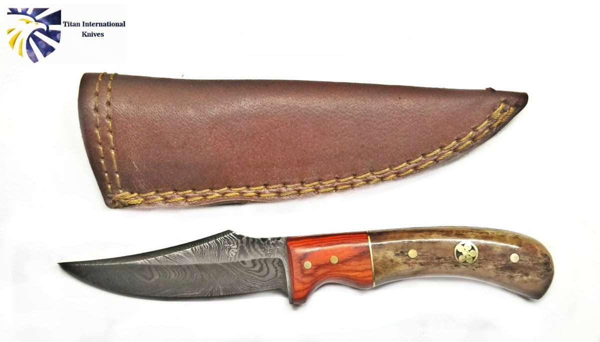 Damascus steel skinner knife with Pekka wood and dyed bone handle by Titan Td-196, with leather sheath on Tampa Home & Garden Store