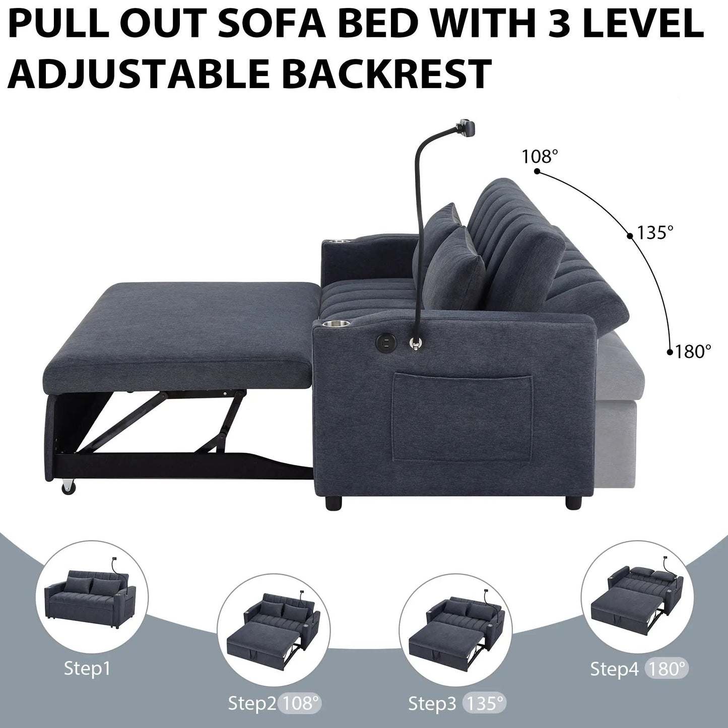 Blue sleeper loveseat with pull-out bed and USB ports by Unique Piece Furniture on Tampa Home & Garden Store