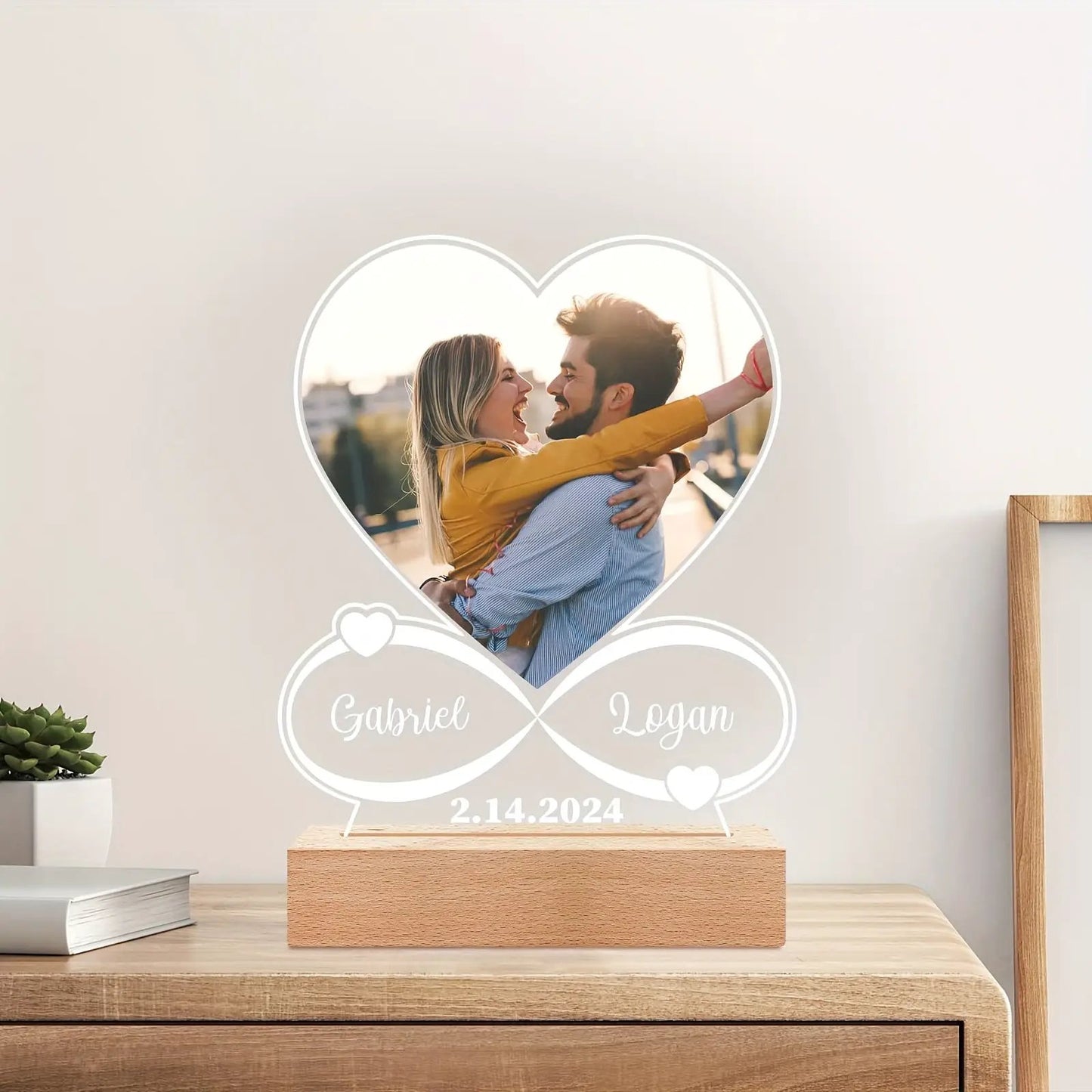 Custom LED Night Light heart-shaped frame with couple photo and names Gabriel & Logan, 2.14.2024 on Tampa Home & Garden Store