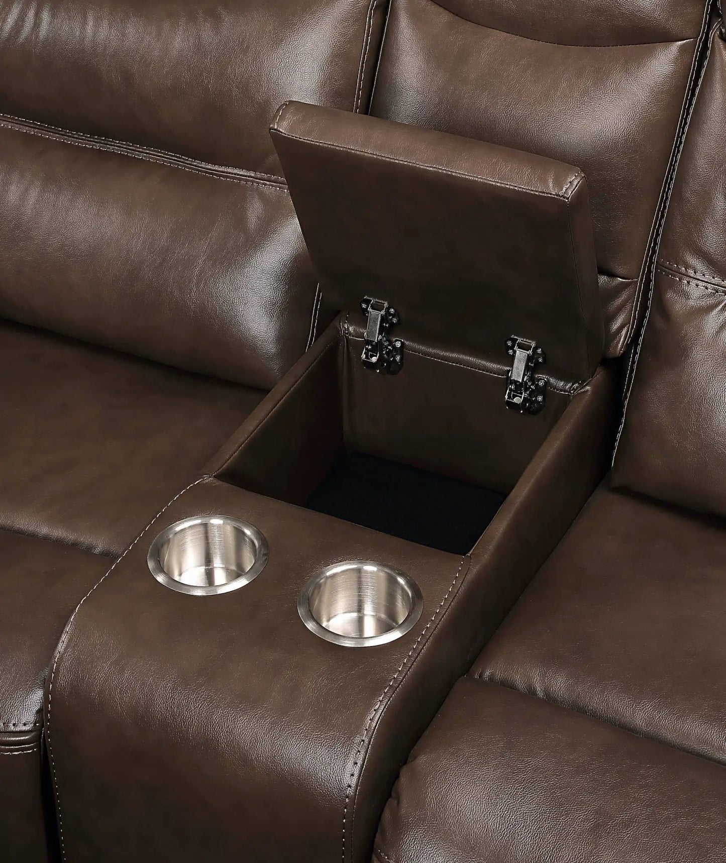 Aashi brown leather gel match recliner sofa with center console and cup holders on Tampa Home & Garden Store