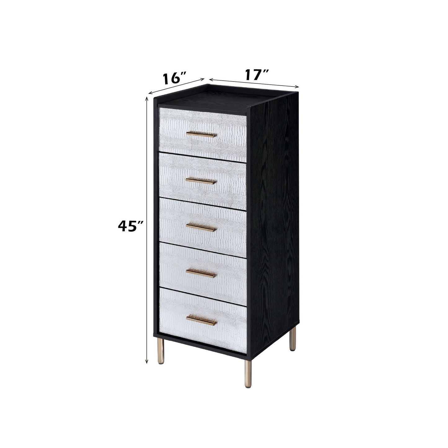Myles Jewelry Armoire black wood with silver textured fronts and gold handles and legs, 45in tall on Tampa Home & Garden Store