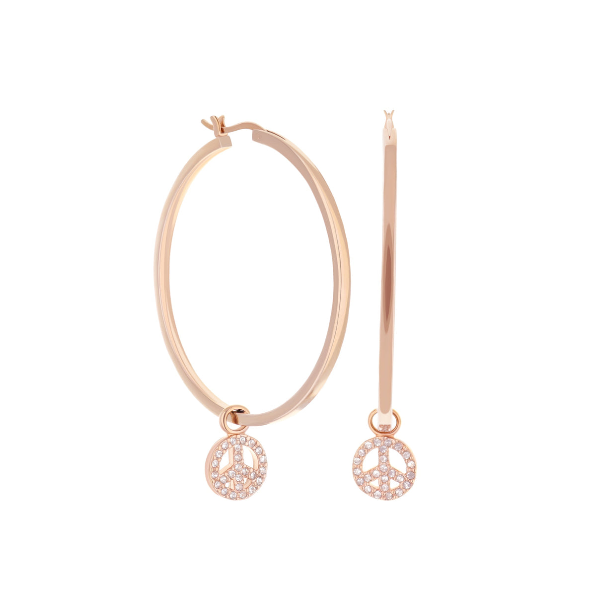 Peace Sign Hoop Earrings by Lauren G Adams, rose gold hoops with crystal peace sign charms, pair on Tampa Home & Garden Store