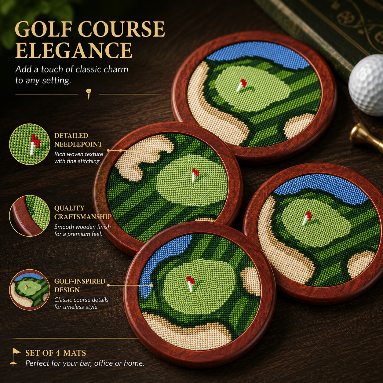Set of Four Wooden Golf Coasters With Holder