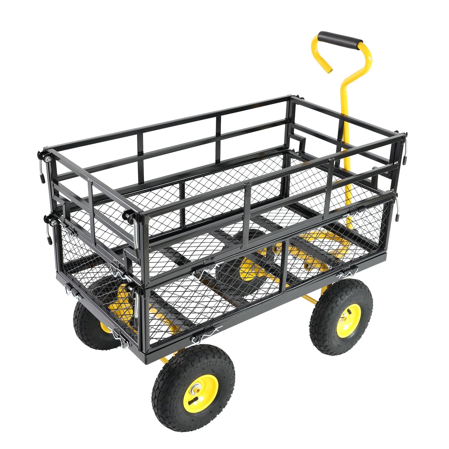 HouseOfZazla outdoor wagon cart with black metal frame, mesh sides, and yellow wheels on Tampa Home & Garden Store