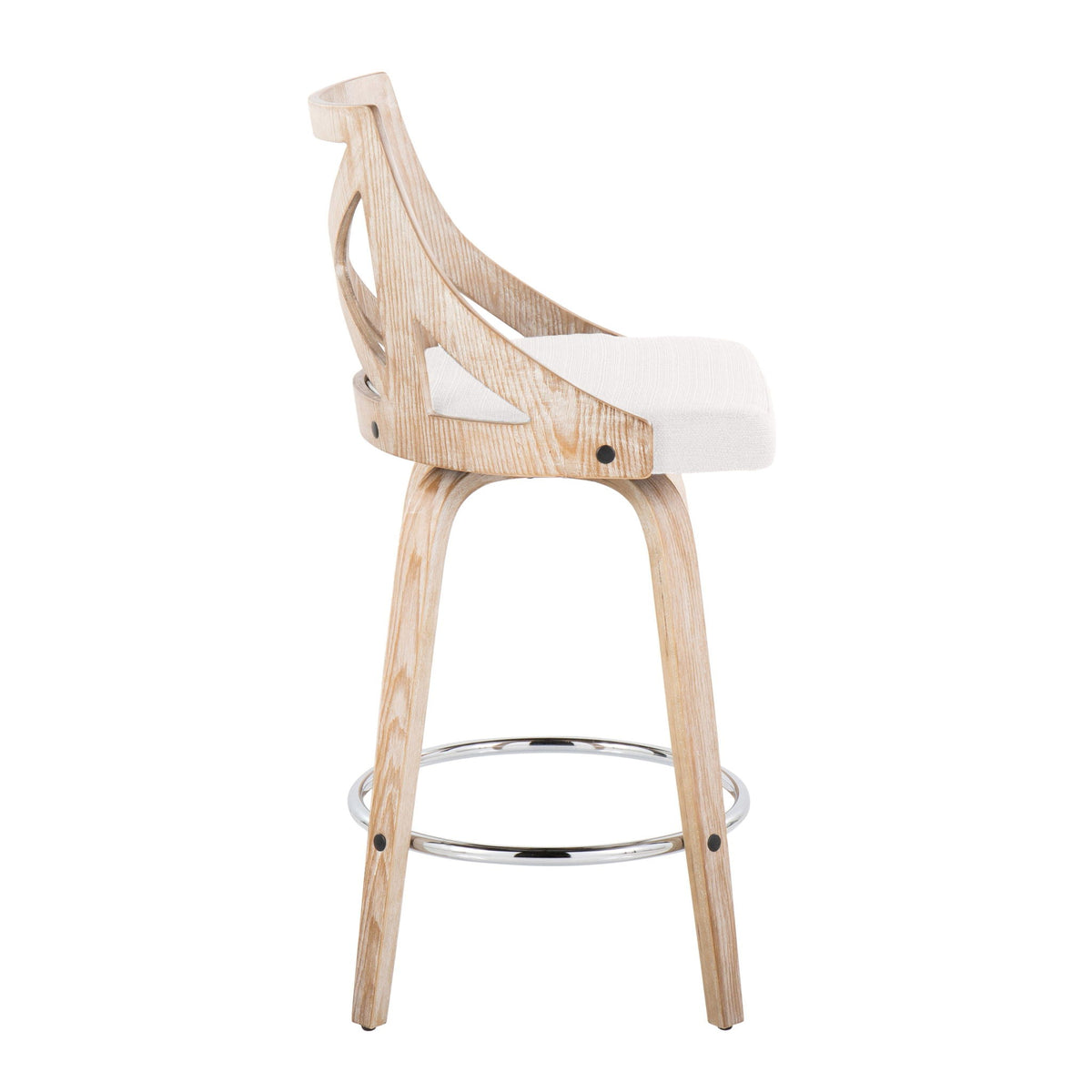 Farmhouse counter stool with swivel beige cushion, light wood frame, chrome footrest on Tampa Home & Garden Store