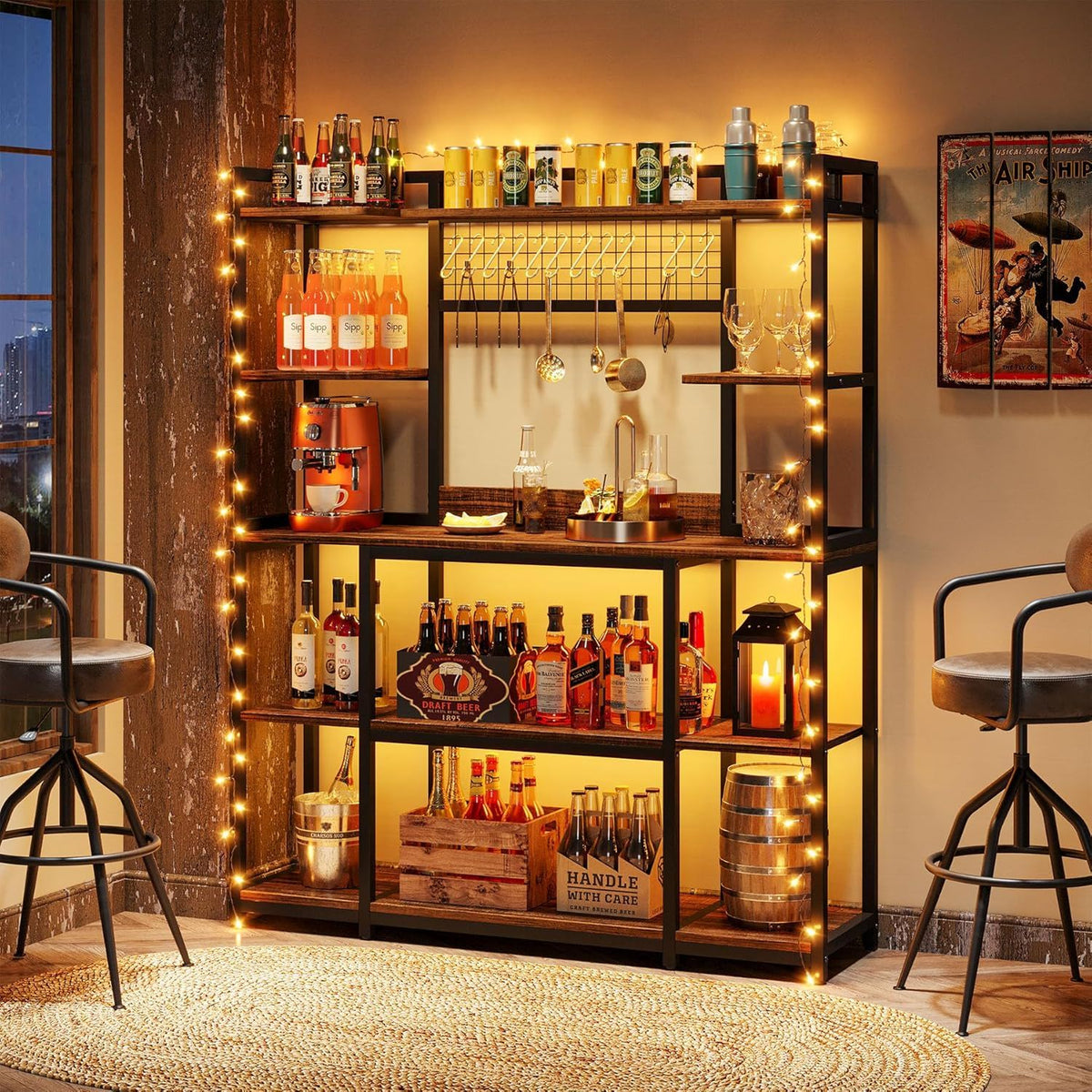 HouseOfZazla black 5-tier baker's rack with Hutch, freestanding kitchen storage with hooks on Tampa Home & Garden Store