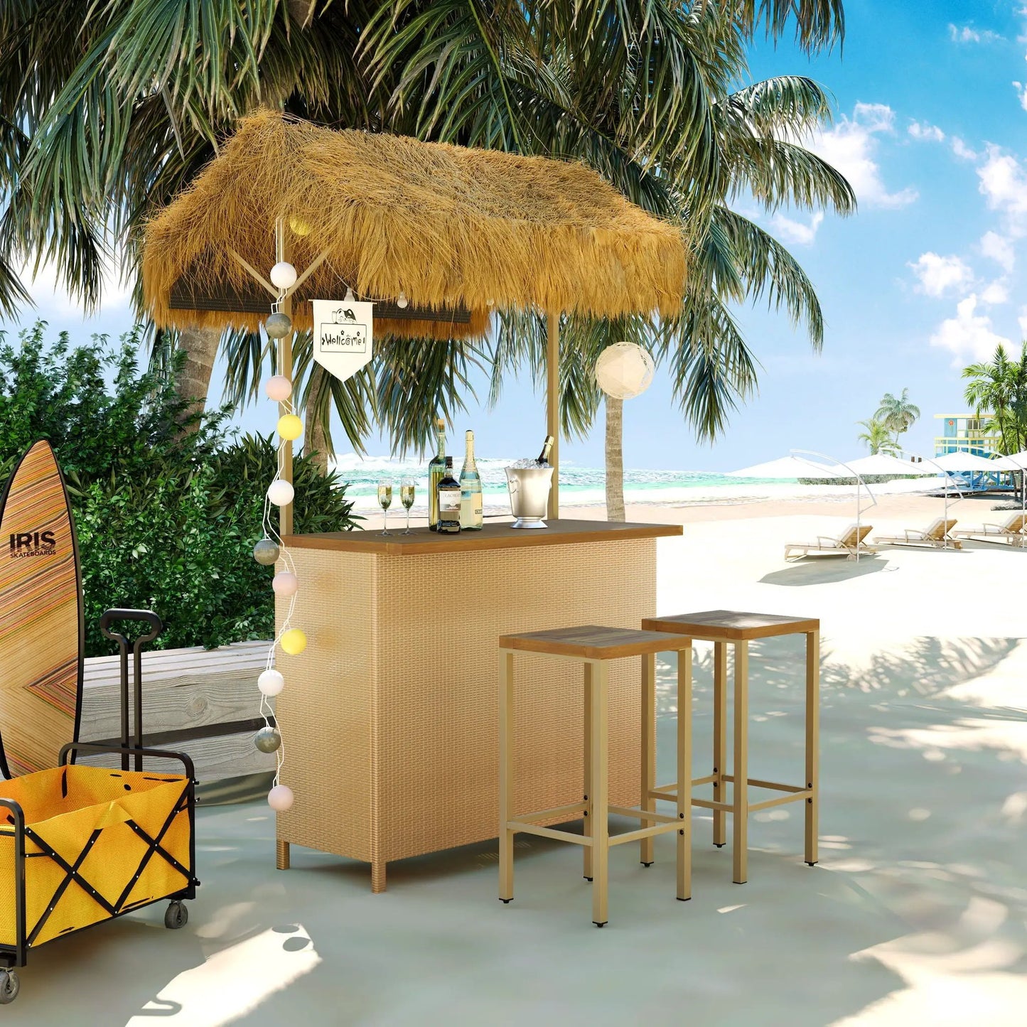 Hawaiian-Style Bar Height Patio Set with acacia wood top and PE wicker, 3-piece bar set on Tampa Home & Garden Store