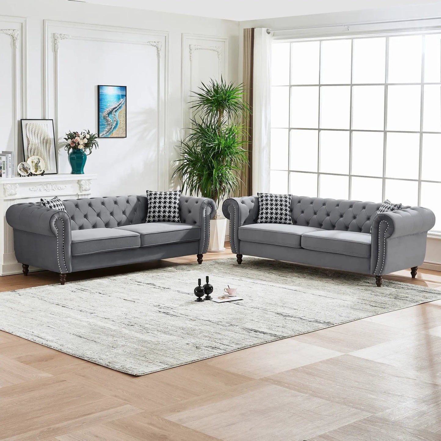 Chesterfield gray fabric sofa set with roll arms 3 and 3 seater by Unique Piece on Tampa Home & Garden Store