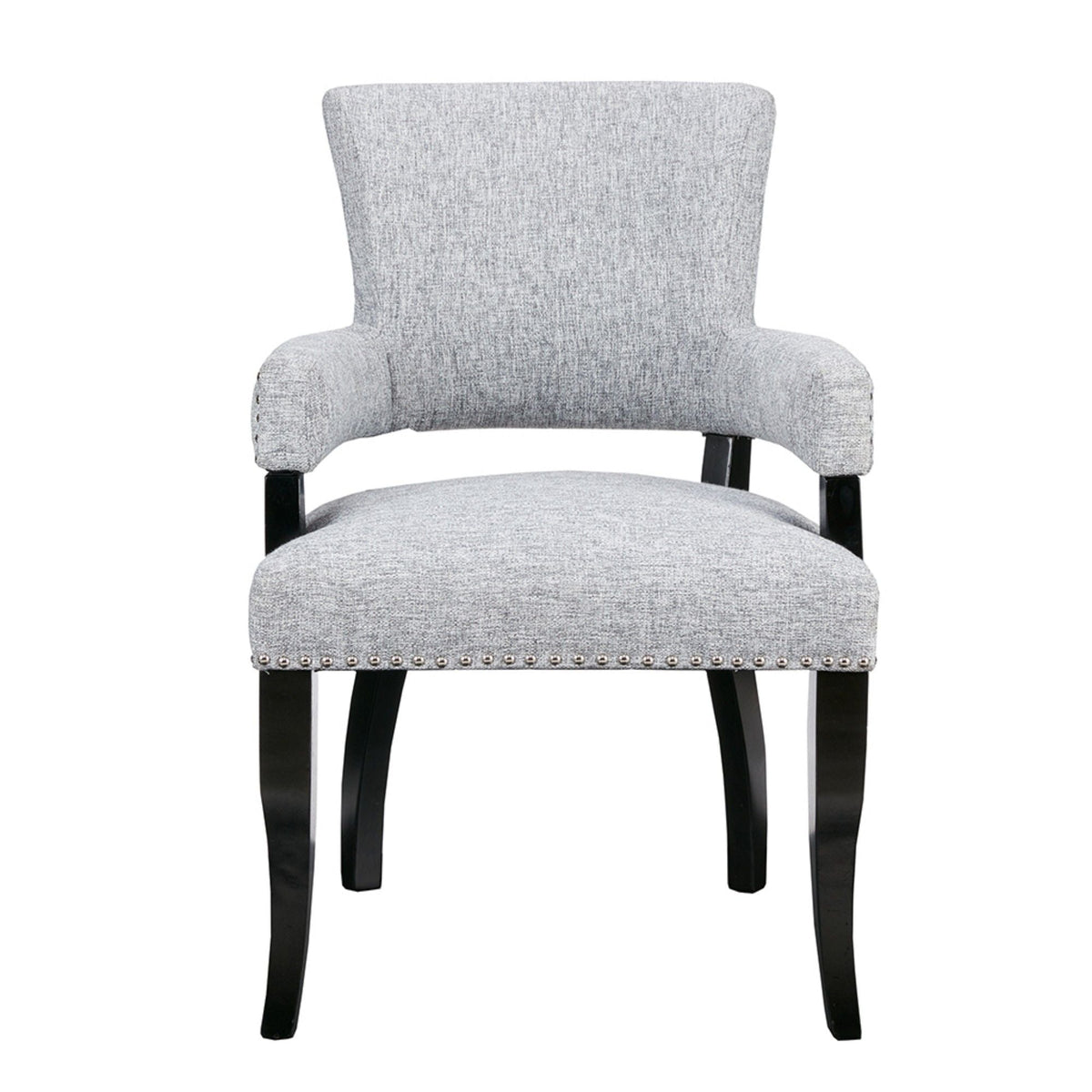 Elegant arm dining chair in gray textured fabric with nail head detailing and black legs on Tampa Home & Garden Store