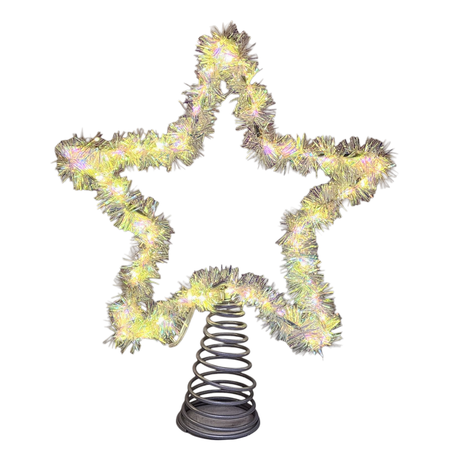 Estrella de oropel plateada con LED blanco cálido para copas de árbol (12 pulgadas)