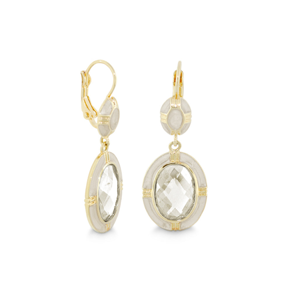Prince Charming Earrings — Enamel-Framed Oval Leverback, gold-tone with clear crystal drops on Tampa Home & Garden Store