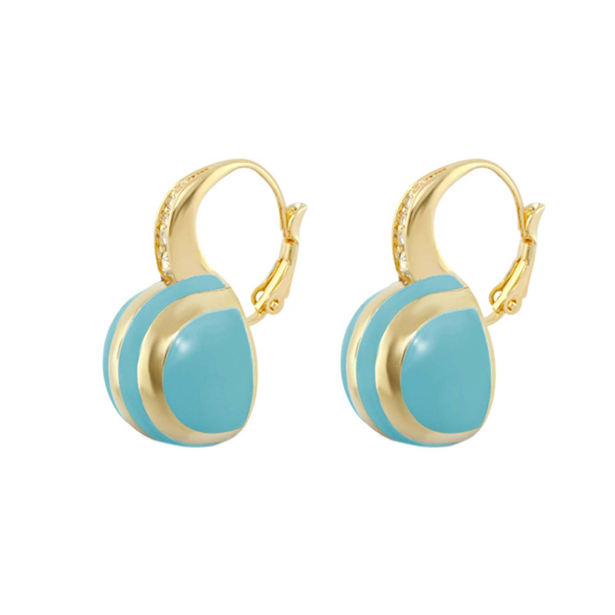 Bamboo Striped Earrings pair by Lauren G Adams, gold-tone hoops with turquoise enamel discs on Tampa Home & Garden Store