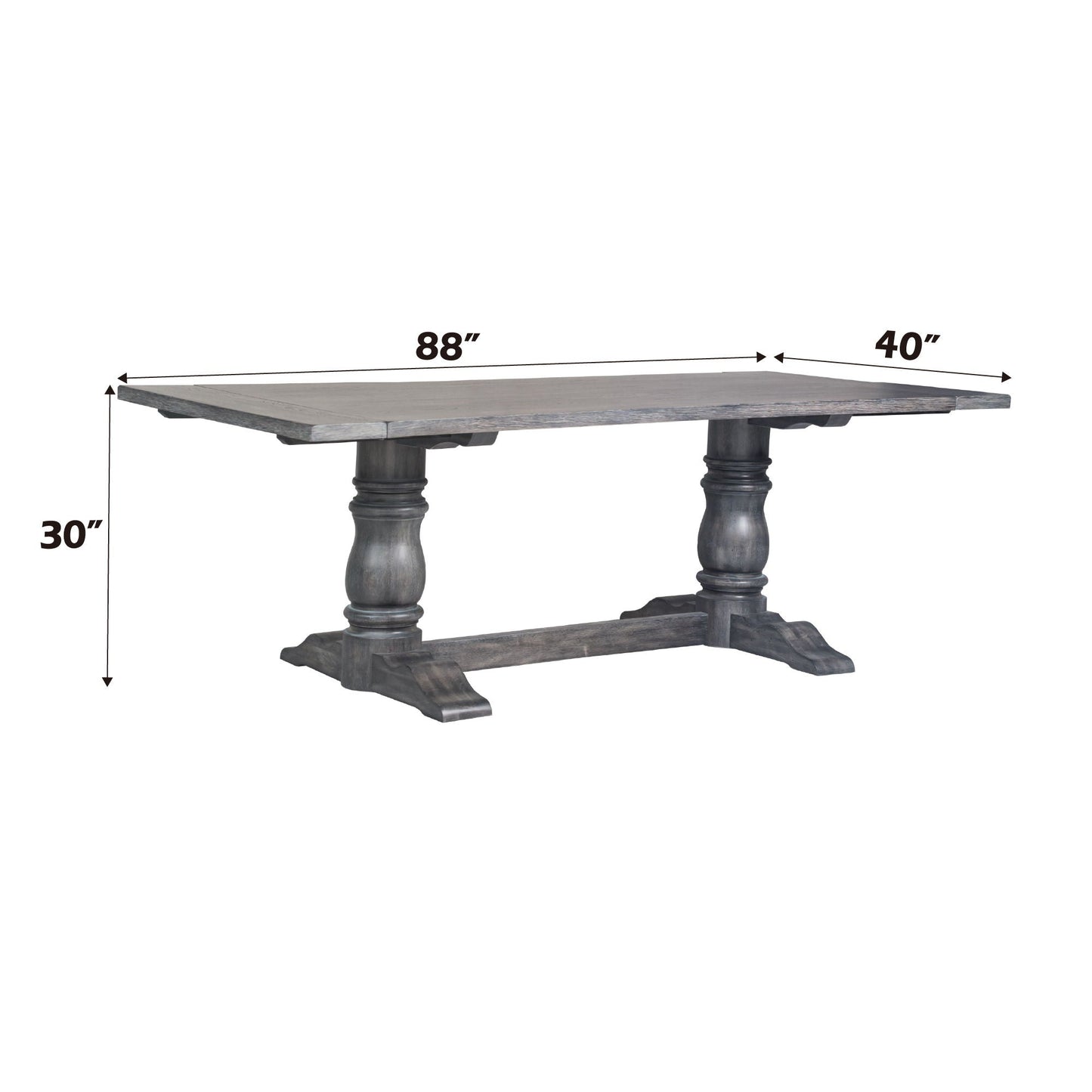 Leventis Dining Table in Weathered Gray, rectangular plank top and two thick turned pedestals on Tampa Home & Garden Store