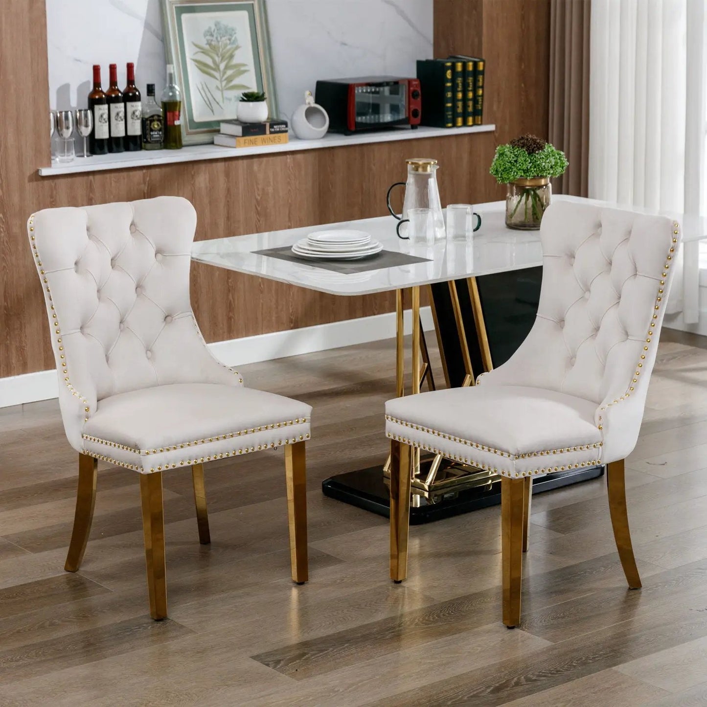 Nikki Modern Tufted Dining Chair Set of 2 white chairs with gold legs by Unique Piece Furniture on Tampa Home & Garden Store