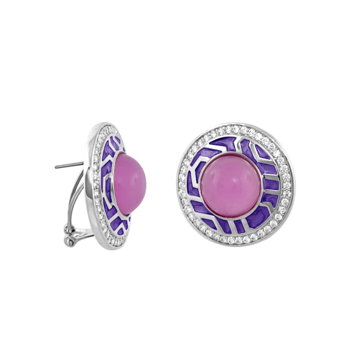 Chunky Town Earrings by Lauren G Adams, enamel purple lattice inlay around pink cabochon on Tampa Home & Garden Store