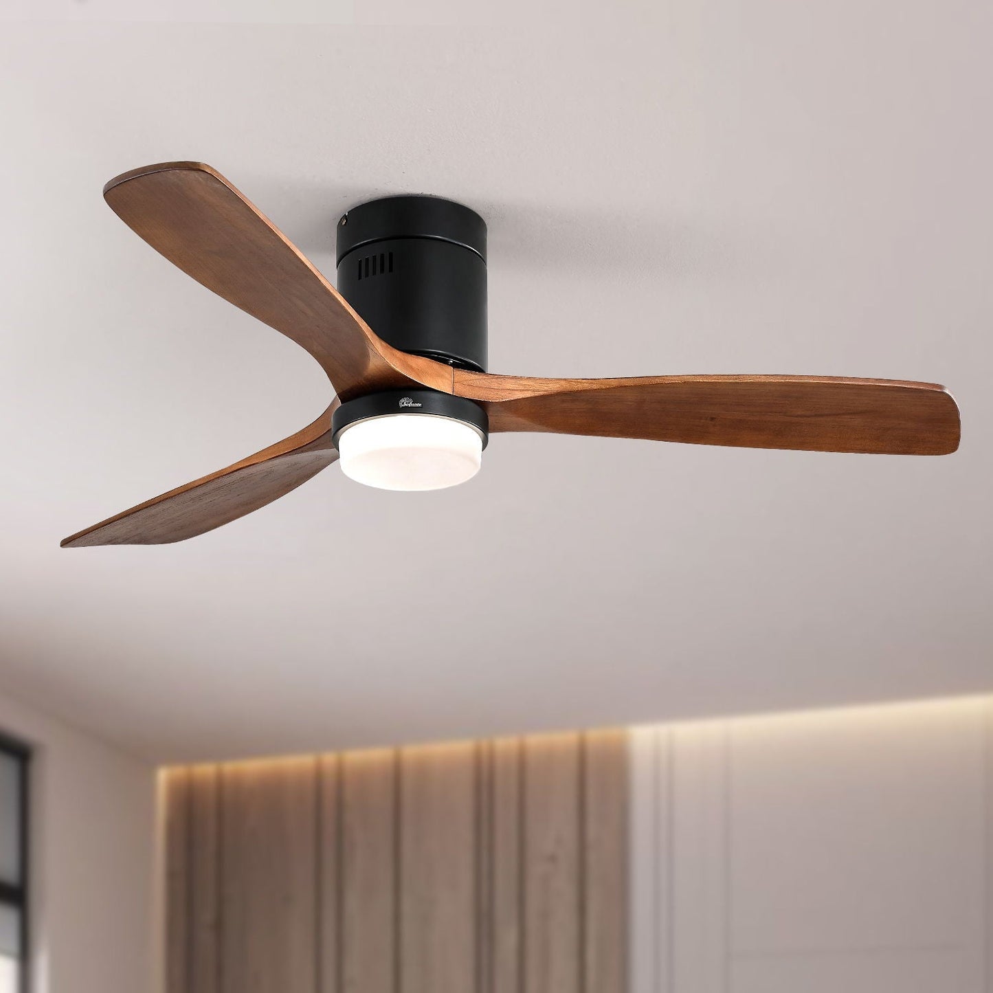 Indoor Ceiling Fan With Lights by HouseOfZazla, black motor housing with wooden blades and remote on Tampa Home & Garden Store