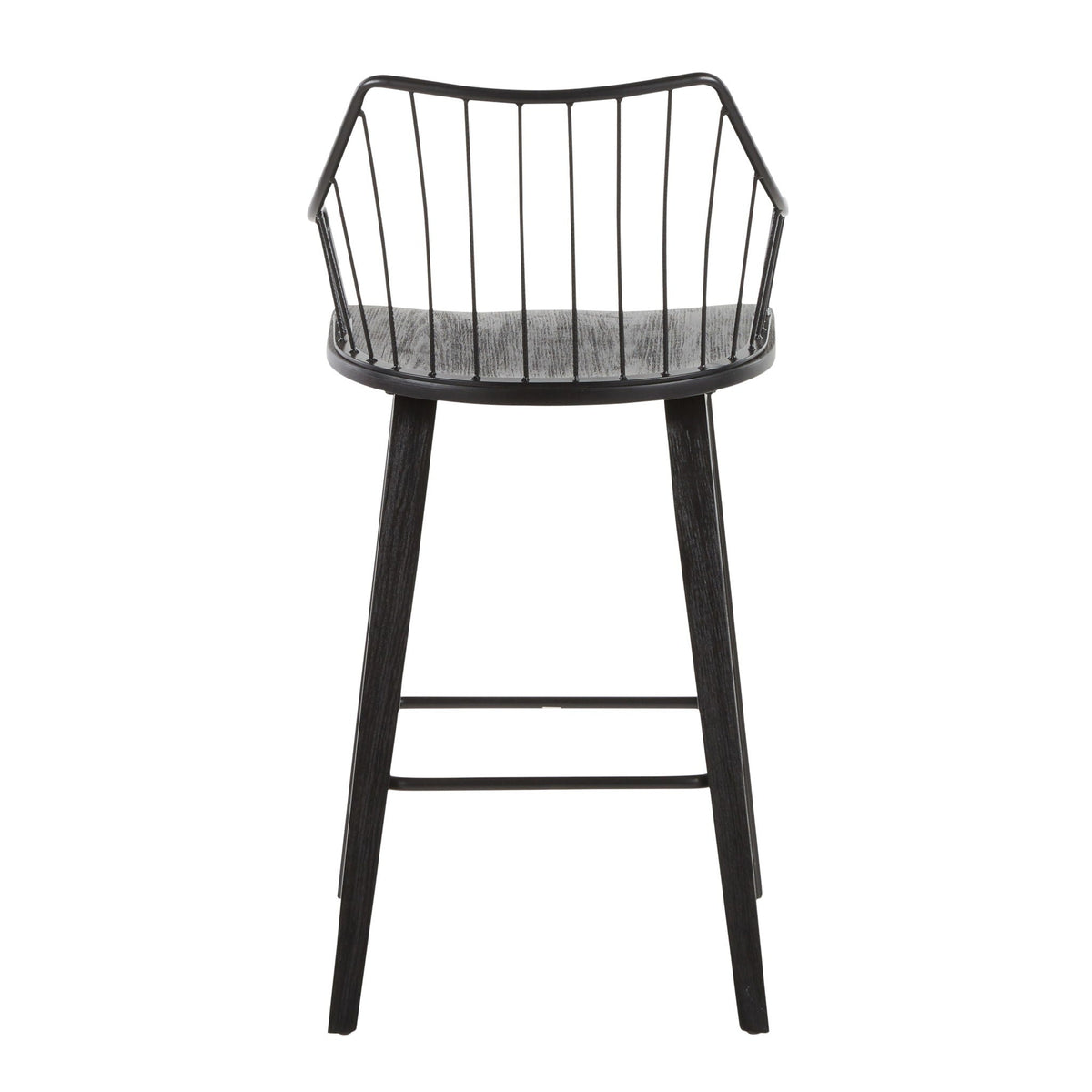 Farmhouse counter height stool with metal spindle back, black frame and gray seat on Tampa Home & Garden Store