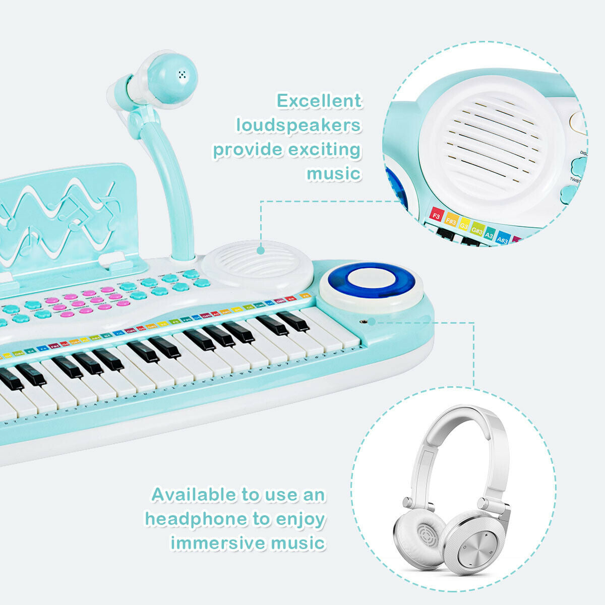 37-key electric keyboard piano turquoise with microphone and headphones by DirectDeals for kids on Tampa Home & Garden Store