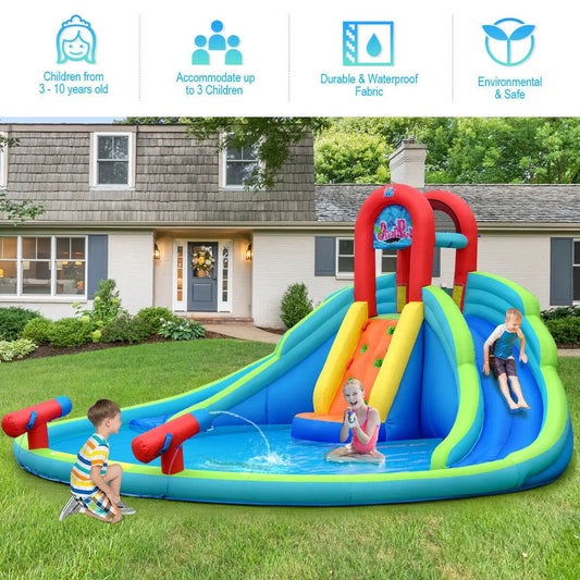 Inflatable water slide with Mighty Splash Pool in blue, green, yellow and red in a yard on Tampa Home & Garden Store