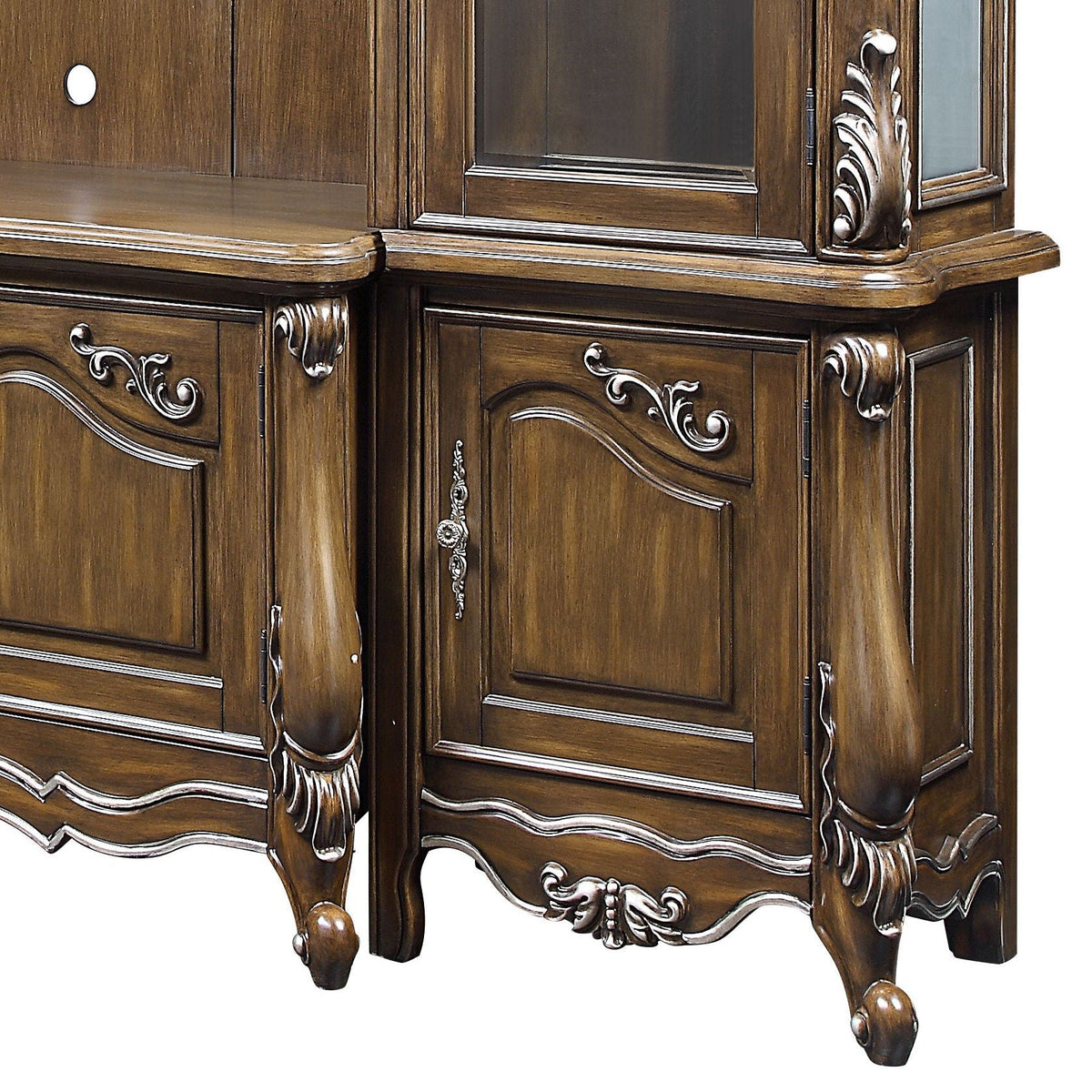 Latisha Entertainment Center Antique Oak by HouseOfZazla; carved wood cabinet with curved legs on Tampa Home & Garden Store