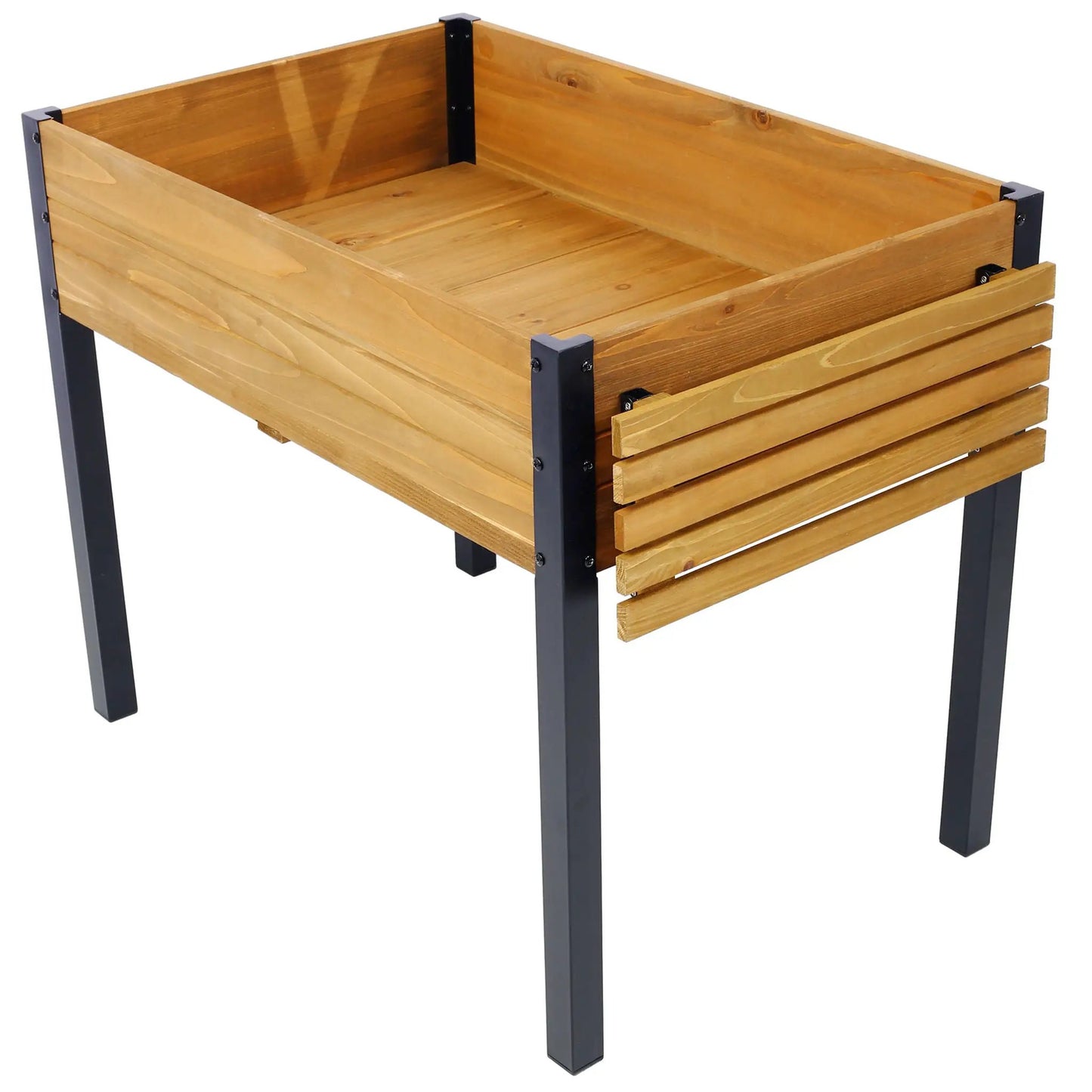 Raised garden bed planter with honey wood slats and dark metal legs folding shelf on Tampa Home & Garden Store