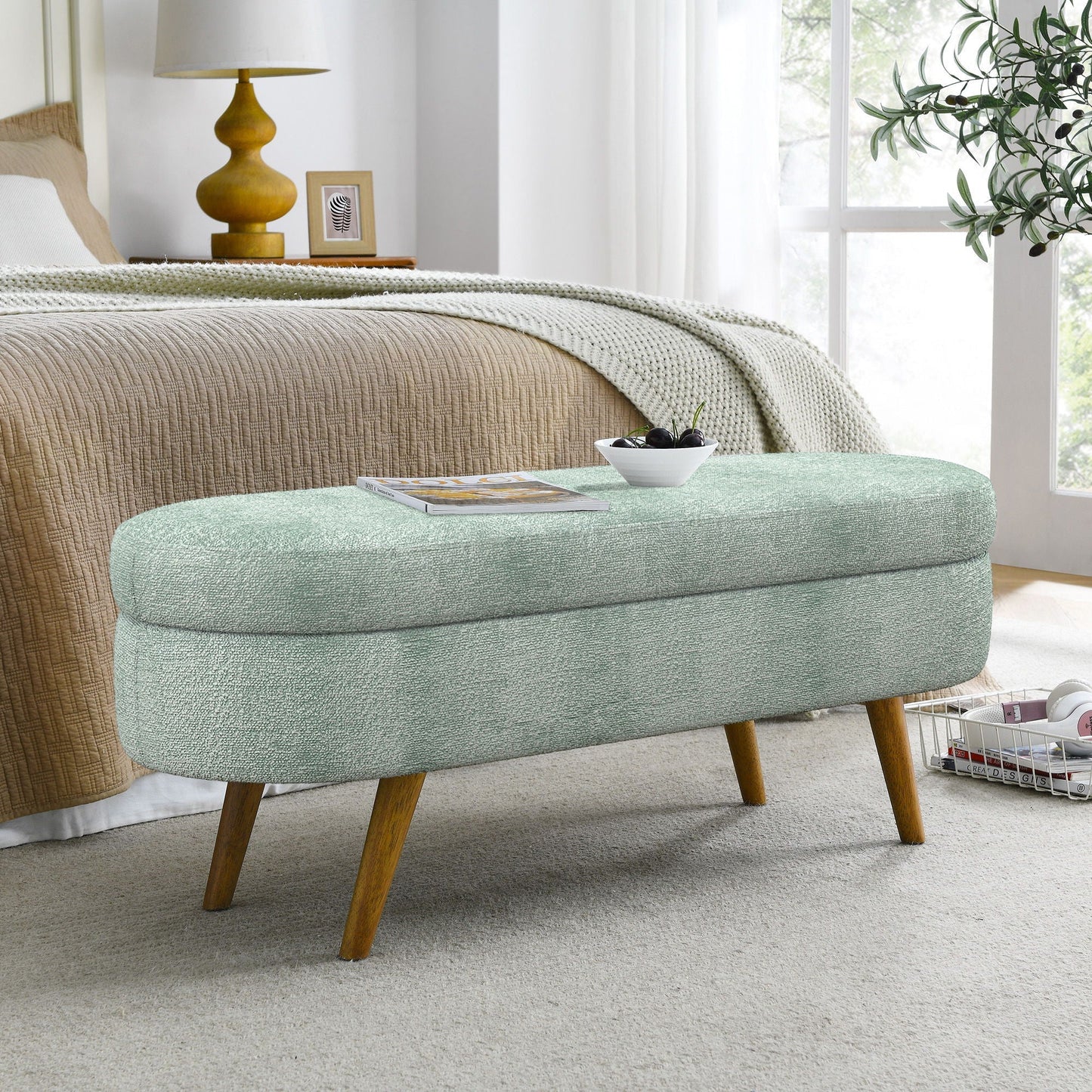Modern Ottoman Oval Storage Bench by HouseOfZazla in teal upholstery with rubber wood legs on Tampa Home & Garden Store